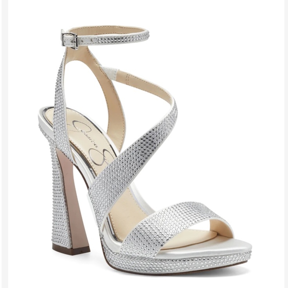 New Jessica Simpson Friso Rhinestone Bedazzled Sandal Heel in White